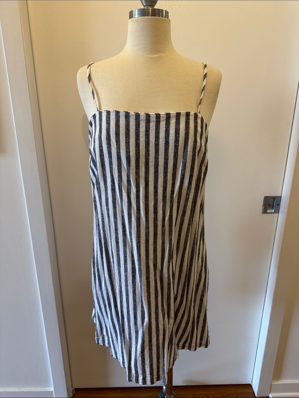 Striped Linen-Blend Spaghetti Strap Dress in Black & White